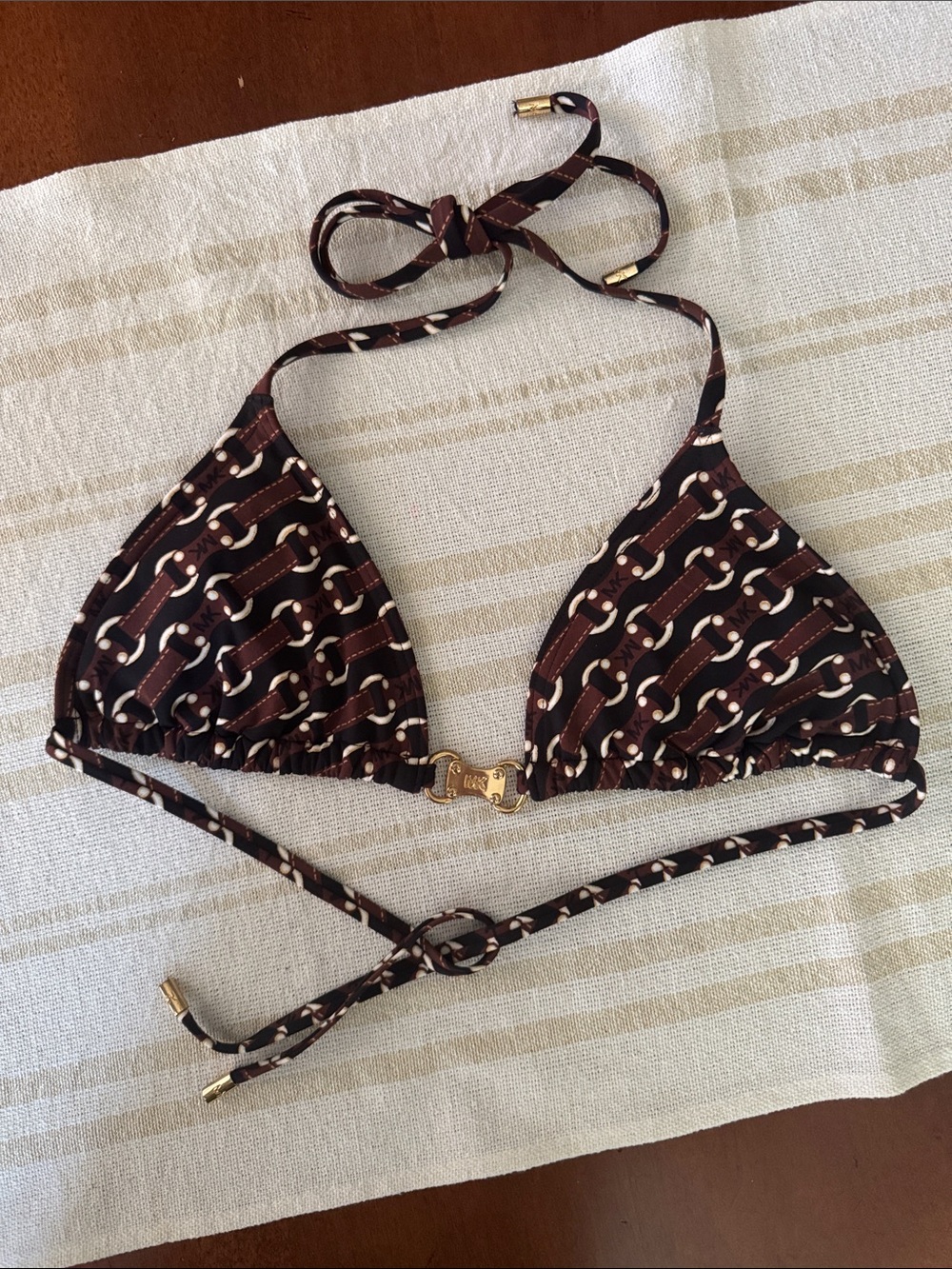Michael Kors Printed Triangle Bikini Top with Gold Hardware, sz 10